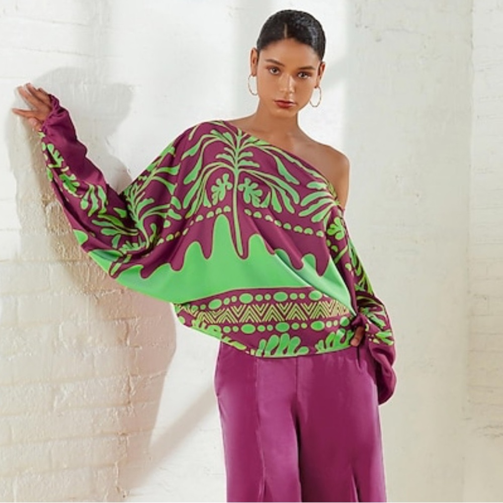Ador Purple Green Satin Geometrical Floral Puff Sleeve Off Shoulder Shirt Sz. S
